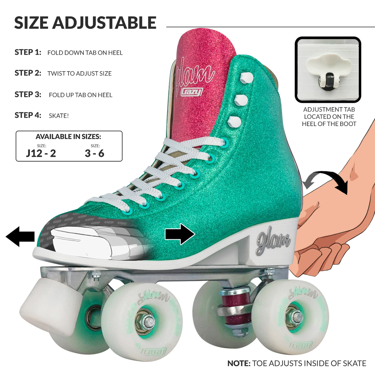 Crazy Disco Glam Teal/Pink - Kids Adjustable Roller Skates