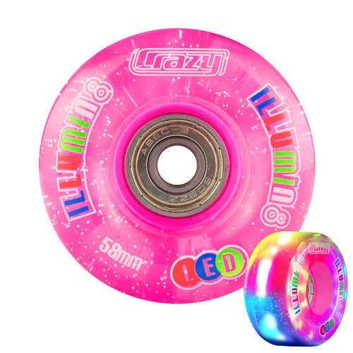 Crazy Illumin8 58mm LED Light Up Wheels 2pk Glitter Pink Roller Skate Wheels