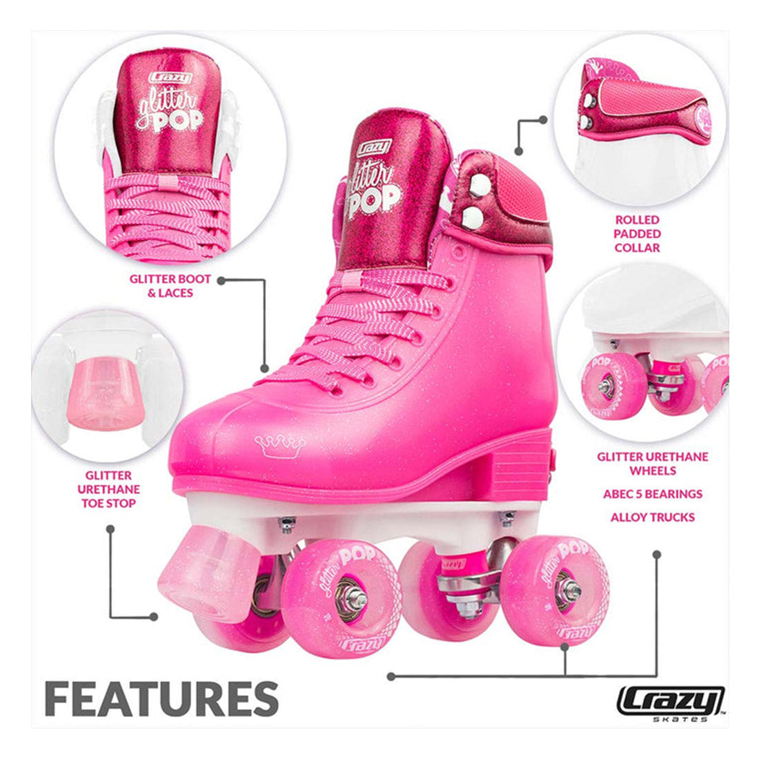 Crazy Glitter Pop Pink - Kids Adjustable Roller Skates