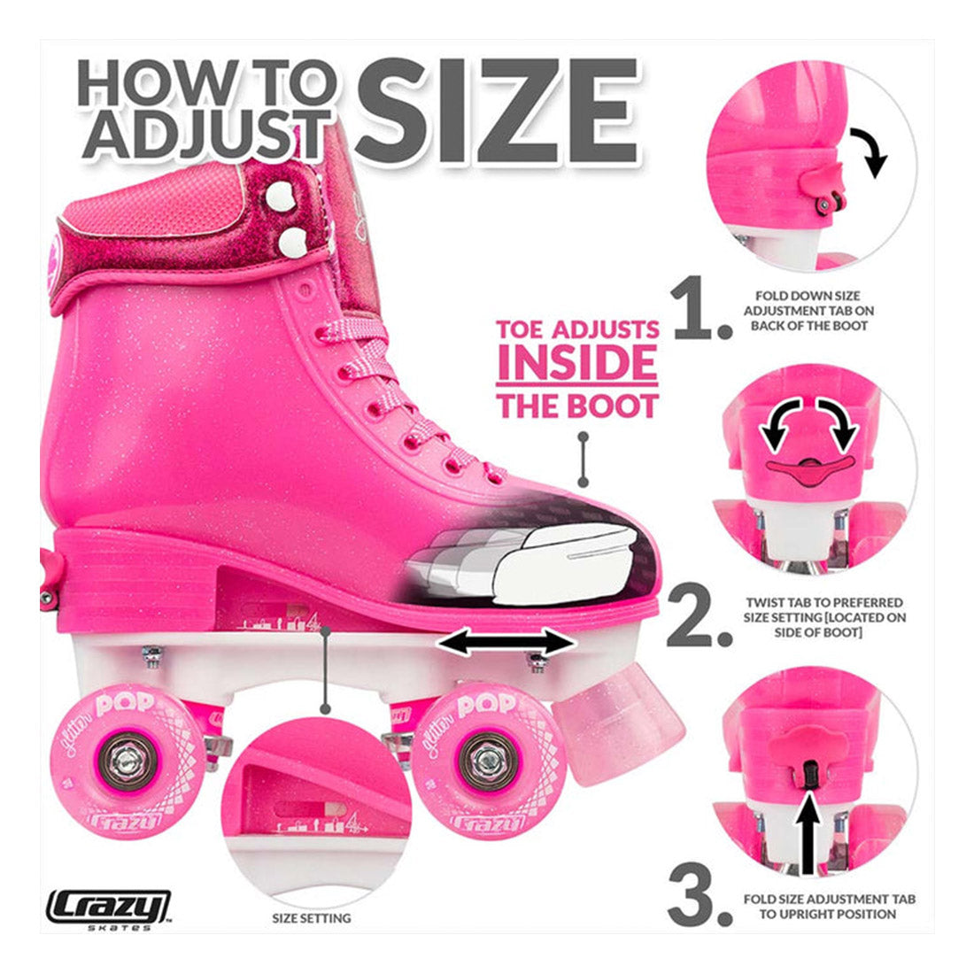 Crazy Glitter Pop Pink - Kids Adjustable Roller Skates