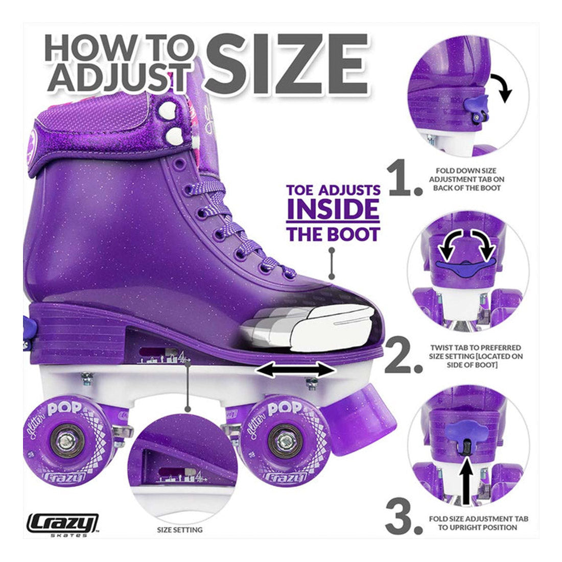 Crazy Glitter Pop Purple - Kids Adjustable Roller Skates