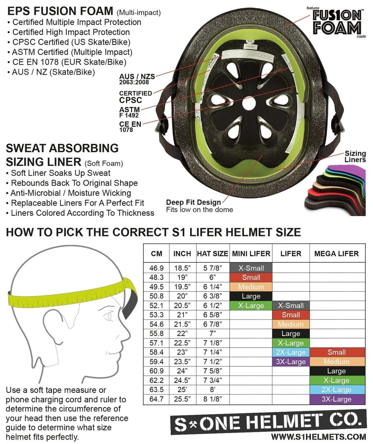 S-One Lifer Standard Replacement Liner - Assorted Helmet liners