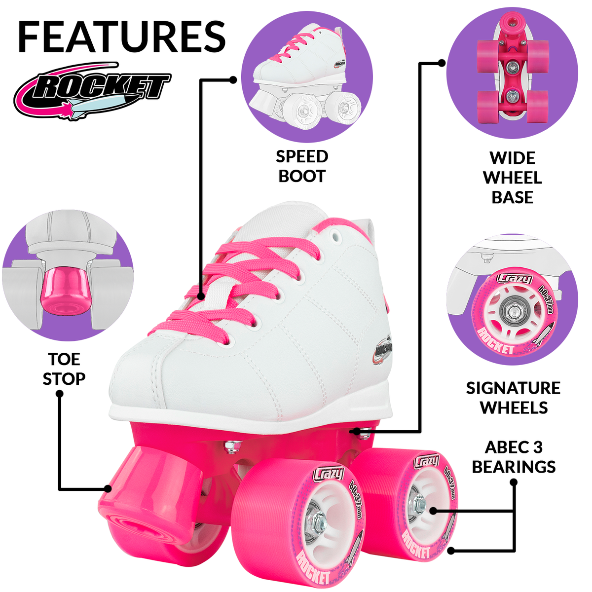 Crazy Rocket Junior - White/Pink Roller Skates