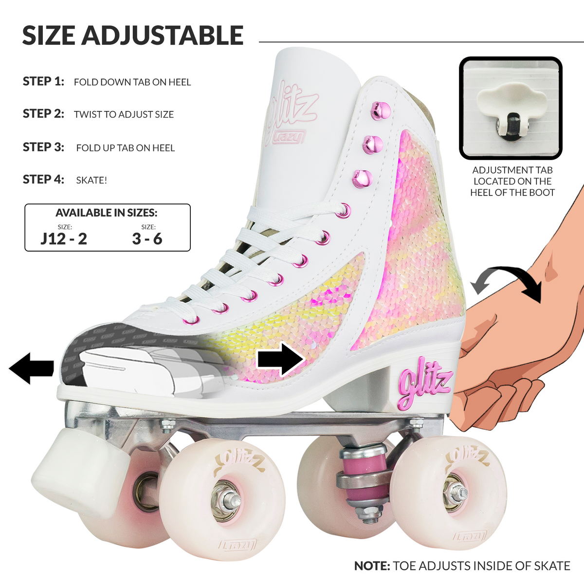Crazy Disco Glitz Pearl - Kids Adjustable Roller Skates