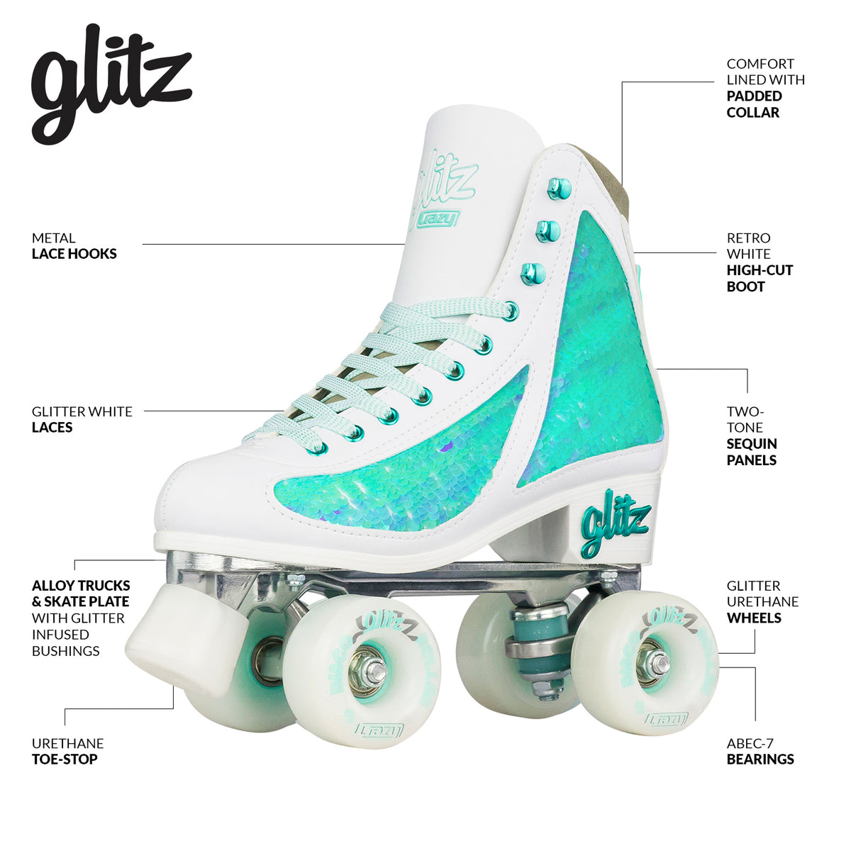 Crazy Disco Glitz Turquoise - Adult Roller Skates